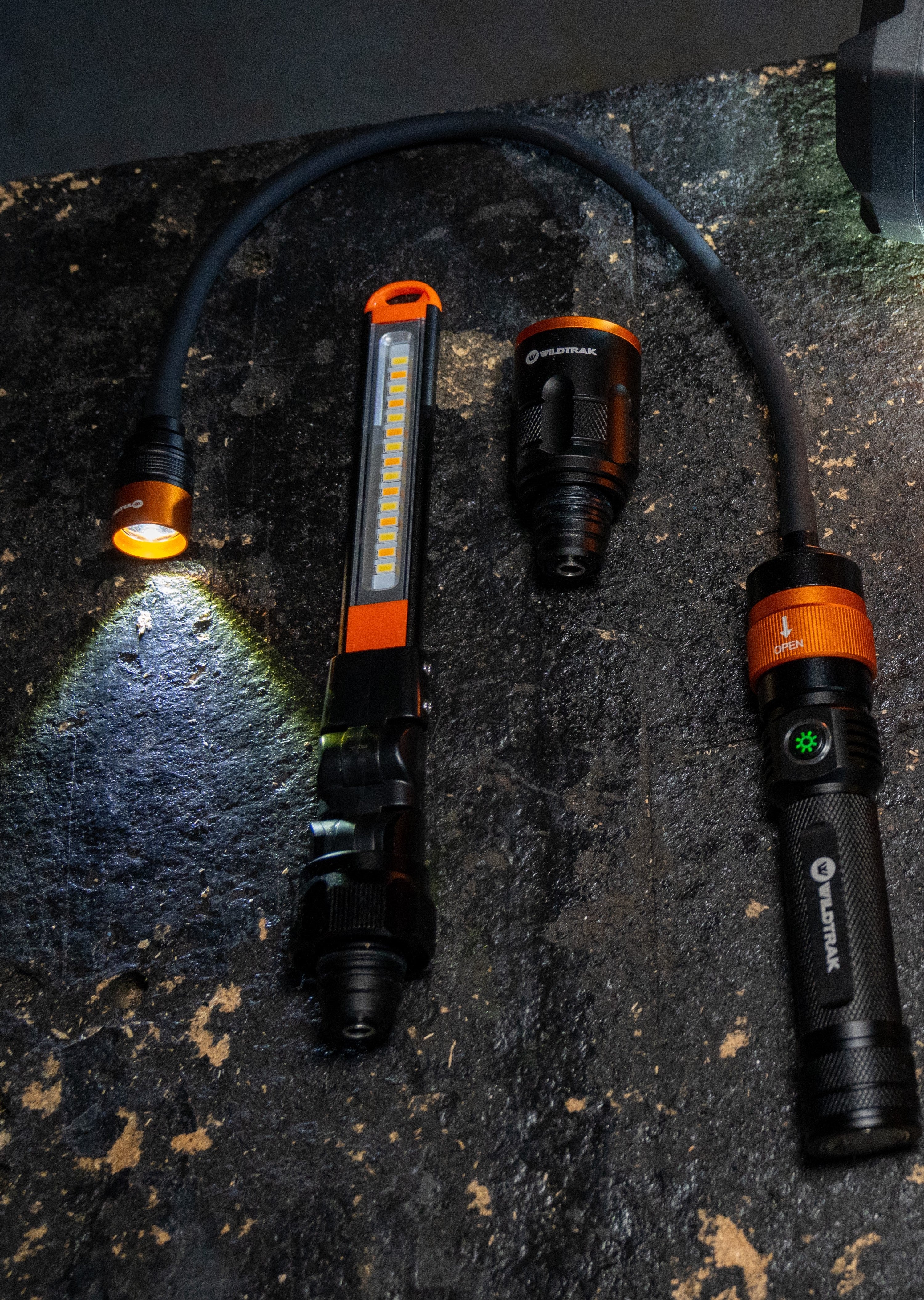 Wildtrak™ 3 in 1 Multi Light (Flashlight, Worklight, Gooseneck Light) Rechargeable, 3 Interchangeable Heads, 360-degree Swivel, Magnetic Base, Water and Dust Resistant, Carry Case