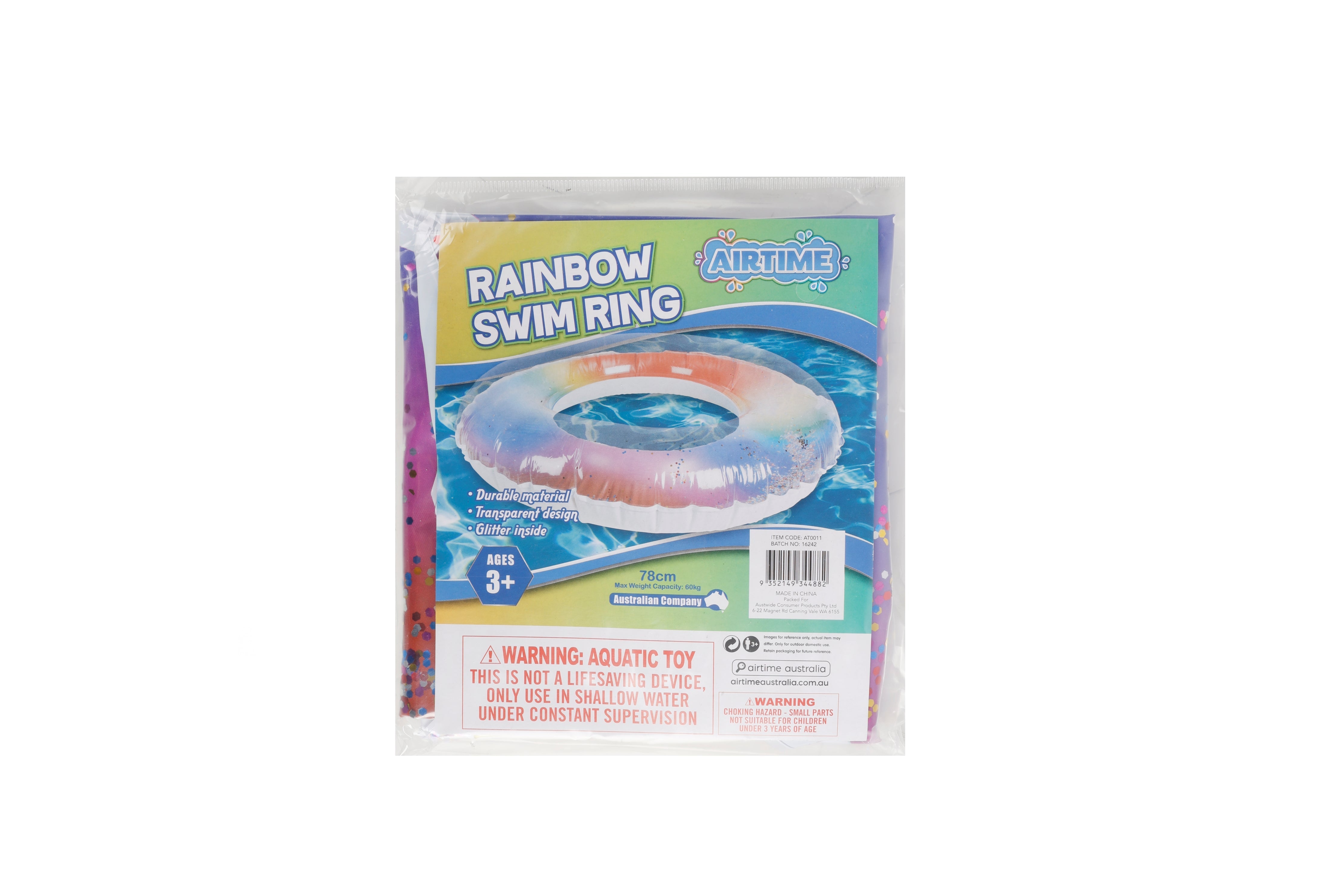 AirTime™ Large Inflatable Swim Ring Rainbow Glitter 78cm