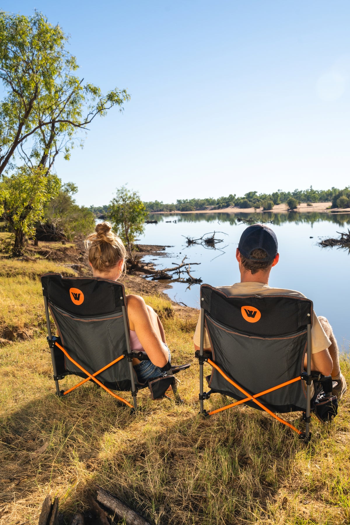 WILDTRAK™ Falls Event Foldable Camp Chair, Slight Recline, Cushioned Seat & Back Rest, High Back, Drink Holder, Media Storage Pocket, Padded Arms, Low Rise, Weight Rated 135kg, Carry Bag with Shoulder Strap