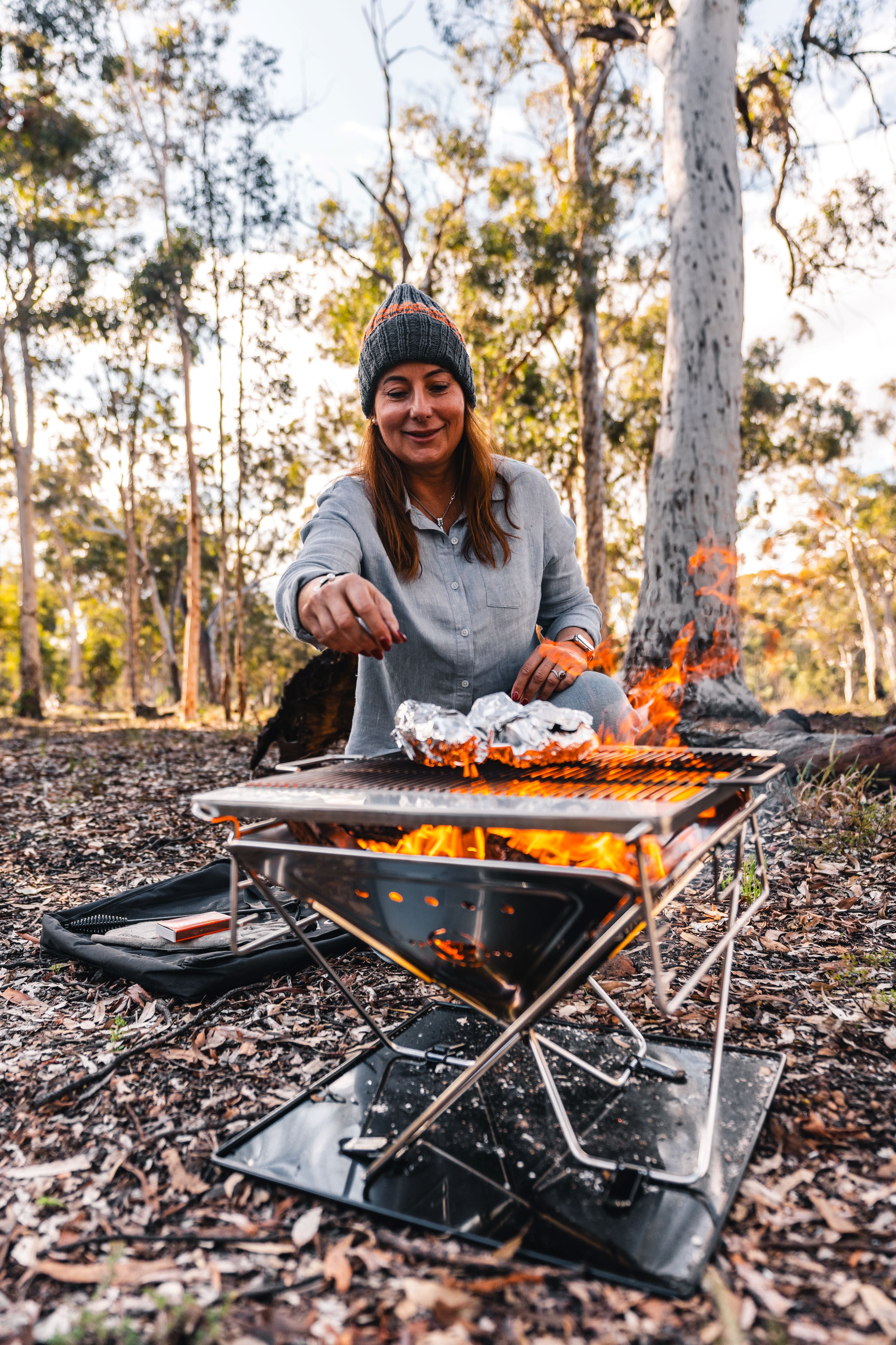 Wildtrak™ Frontier 39cm Heavy Duty 304 Grade Stainless Steel Folding BBQ Firepit with Adjustable Grill includes Canvas Storage Carry Bag with Handles