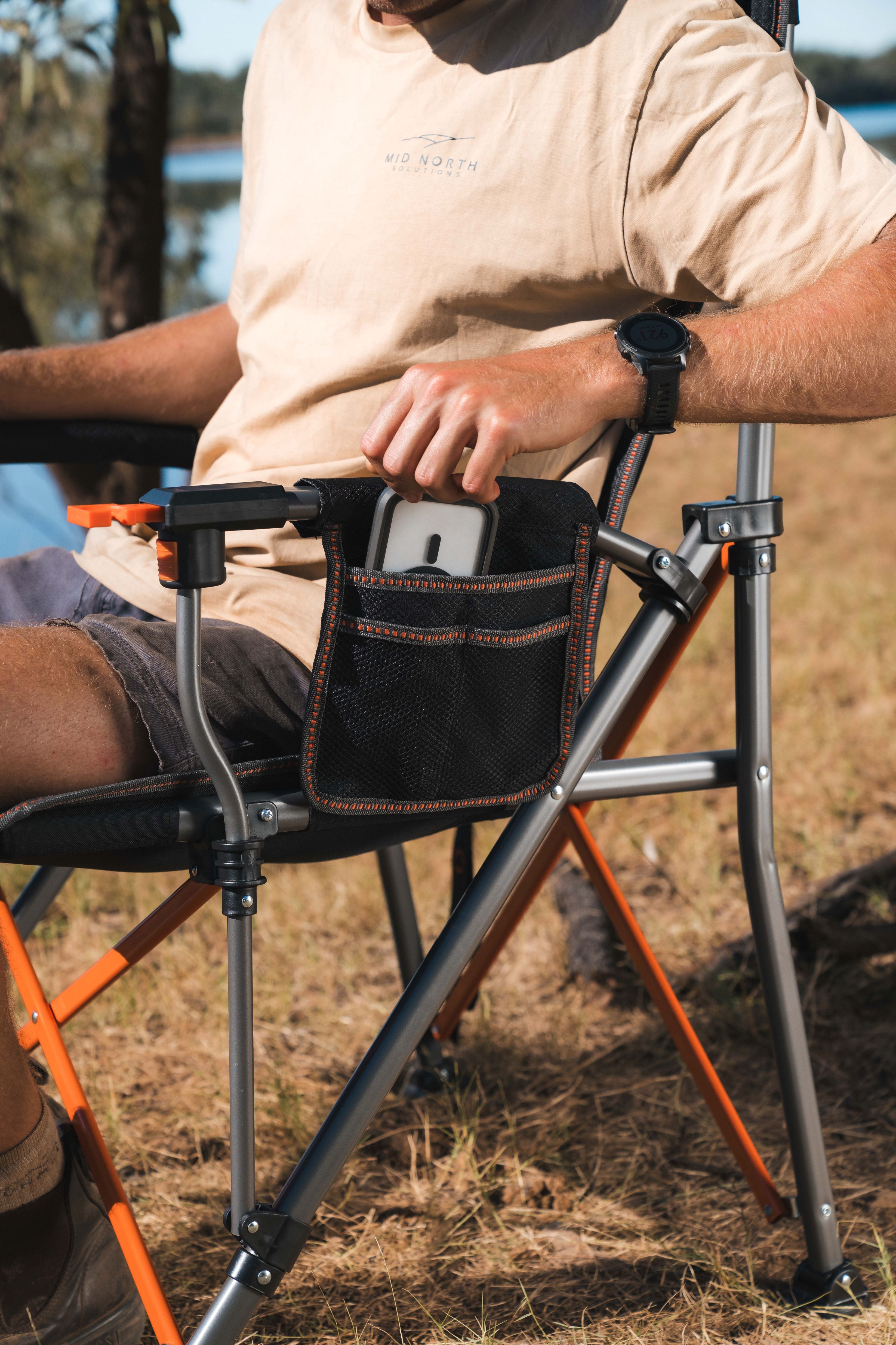 WILDTRAK™ Cheynes Deluxe Solid Arm Chair with High Back, Fully Cushioned, Wine Glass Holders, Drink Holder, Media Pocket, Self-Levelling Feet for Camping & Events, Zipped Storage Pocket for Carry Bag with Shoulder Strap