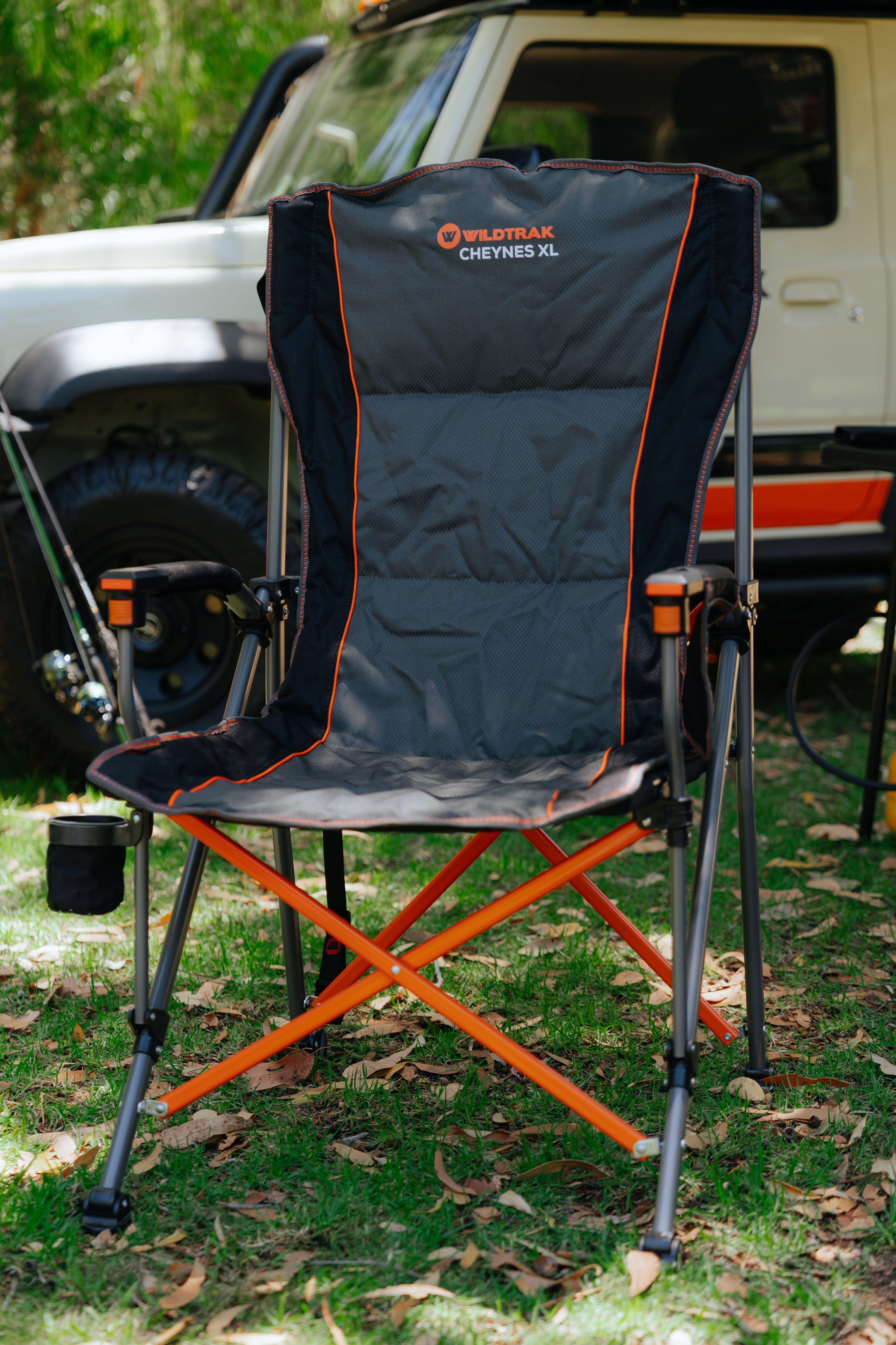 WILDTRAK™ XL Cheynes Deluxe Solid Arm Chair with High Back, Fully Cushioned, Wine Glass Holders, Drink Holder, Media Pocket, Self-Levelling Feet for Camping & Events, Zipped Storage Pocket, Carry Bag with Shoulder Strap