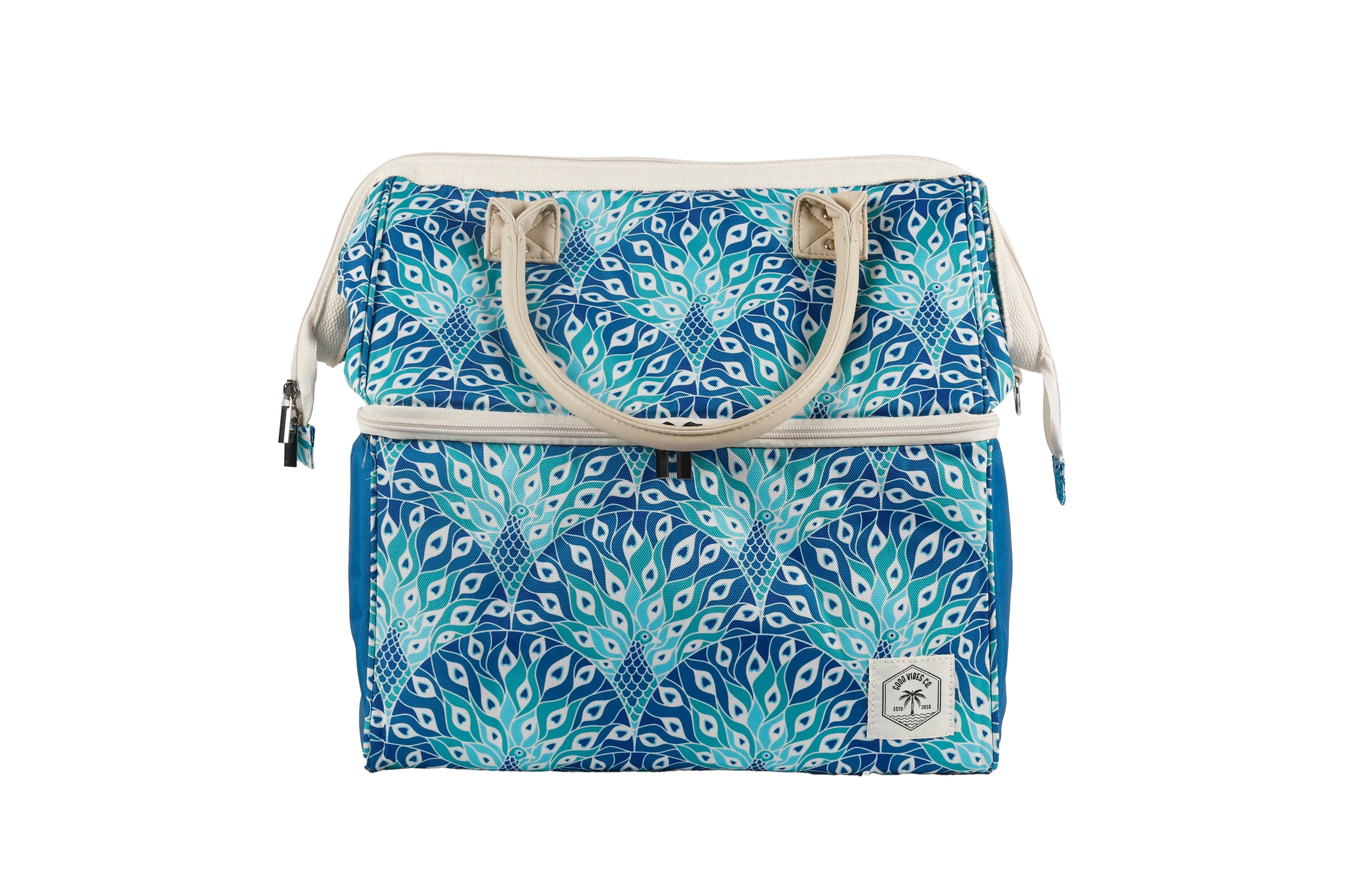 Good Vibes™ Premium Insulated Picnic Cooler Bag, Carry Handles, 2 Separate Compartments, Holds 24+ Cans - Peacock Paradise