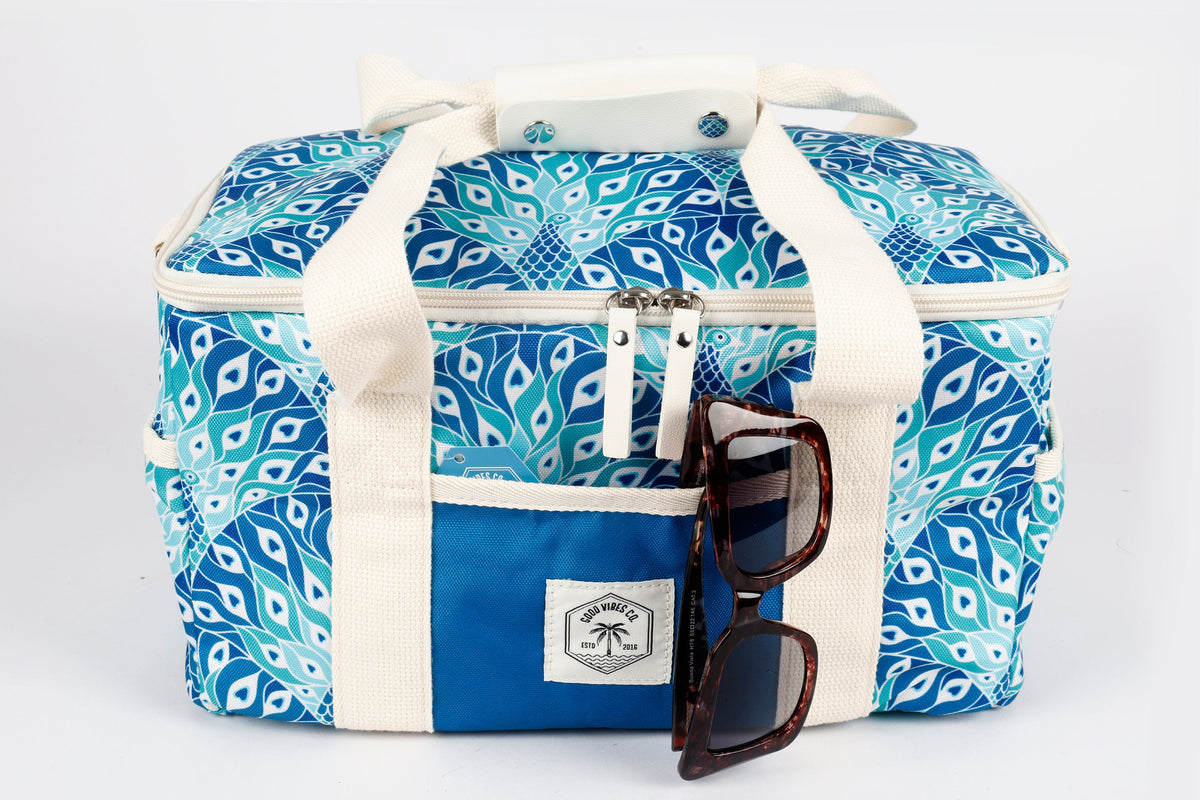 Good Vibes™ 15 Can Deluxe Cooler Bag, Insulated Lining, Removable Shoulder Strap, Storage Pocket - Peacock Paradise