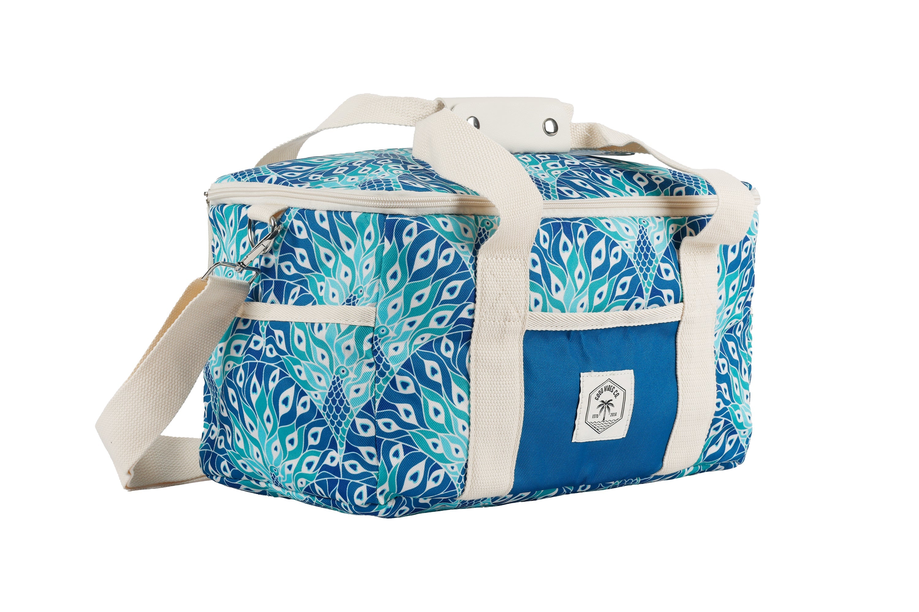 Good Vibes™ 15 Can Deluxe Cooler Bag, Insulated Lining, Removable Shoulder Strap, Storage Pocket - Peacock Paradise