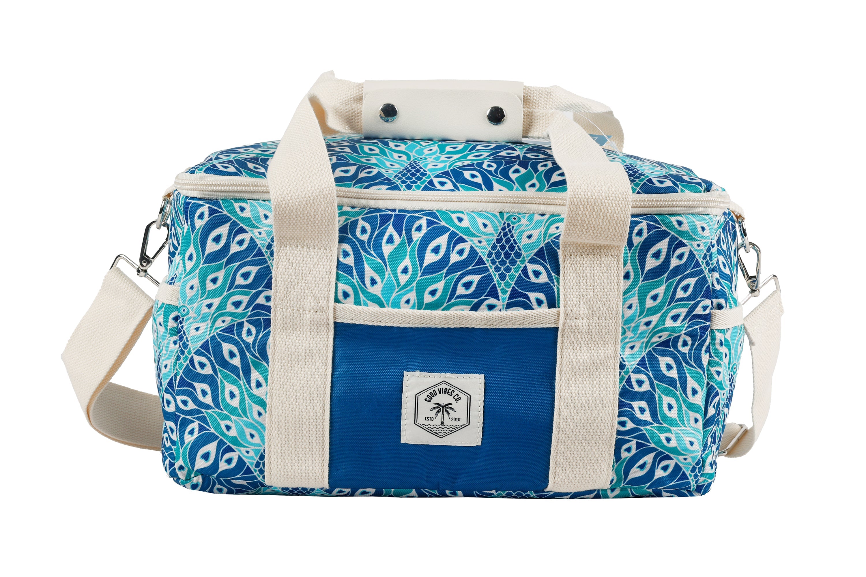 Good Vibes™ 15 Can Deluxe Cooler Bag, Insulated Lining, Removable Shoulder Strap, Storage Pocket - Mediterranean