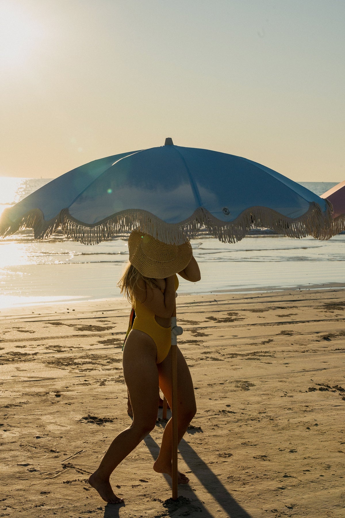 Good Vibes™ 1.75m Premium 100% Canvas Beach Umbrella, UV50+, Wood Pole, Cotton Tassels, Tilting Mechanism, Sand Screw - Bay Blue