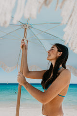 Good Vibes™ 2m Premium 100% Canvas Beach Umbrella, UV50+, Wood Pole, Cotton Tassels, Tilting Mechanism, Sand Screw - Peacock Paradise