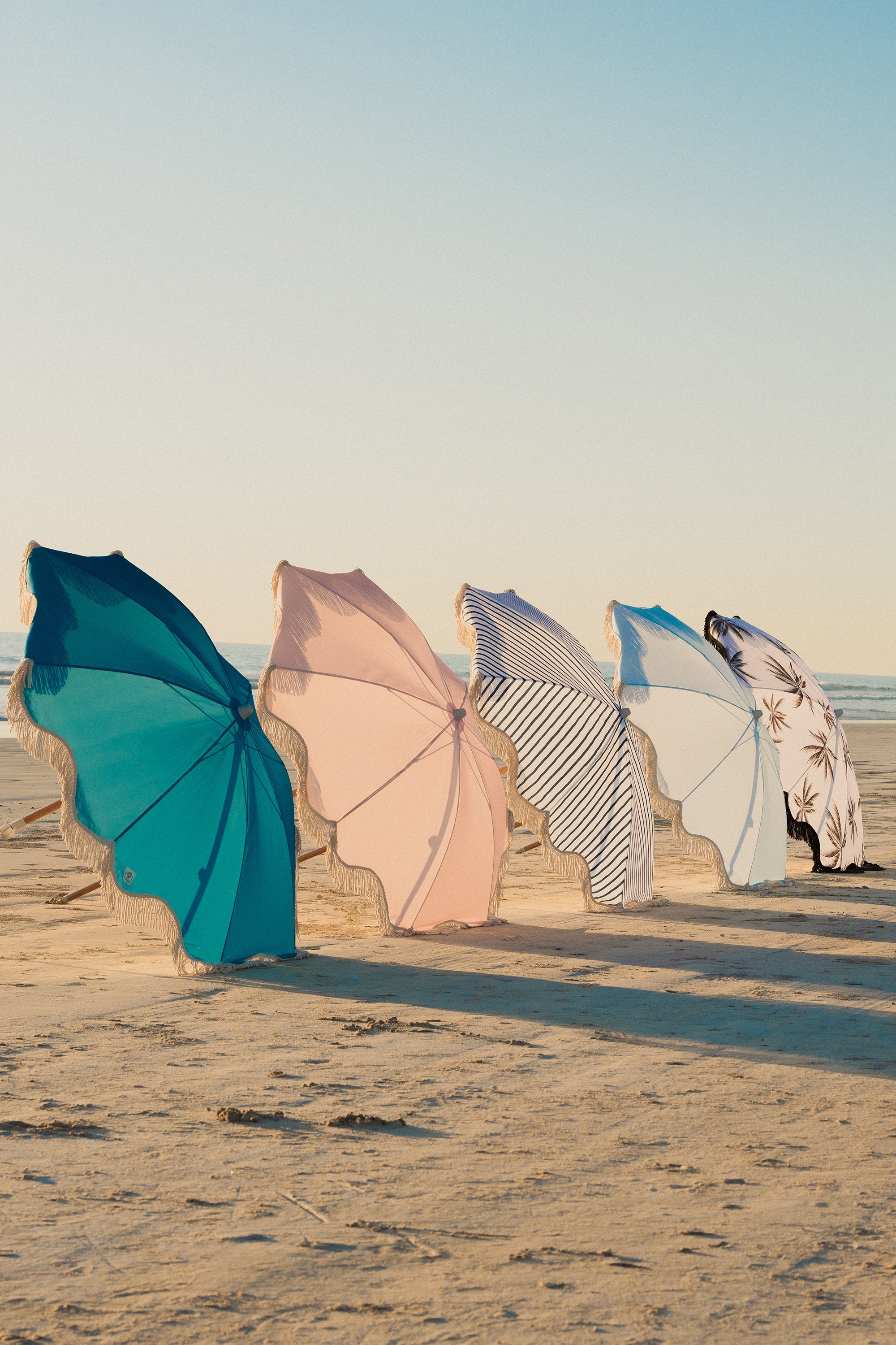 Good Vibes™ 2m Premium 100% Canvas Beach Umbrella, UV50+, Wood Pole, Cotton Tassels, Tilting Mechanism, Sand Screw - Peacock Paradise