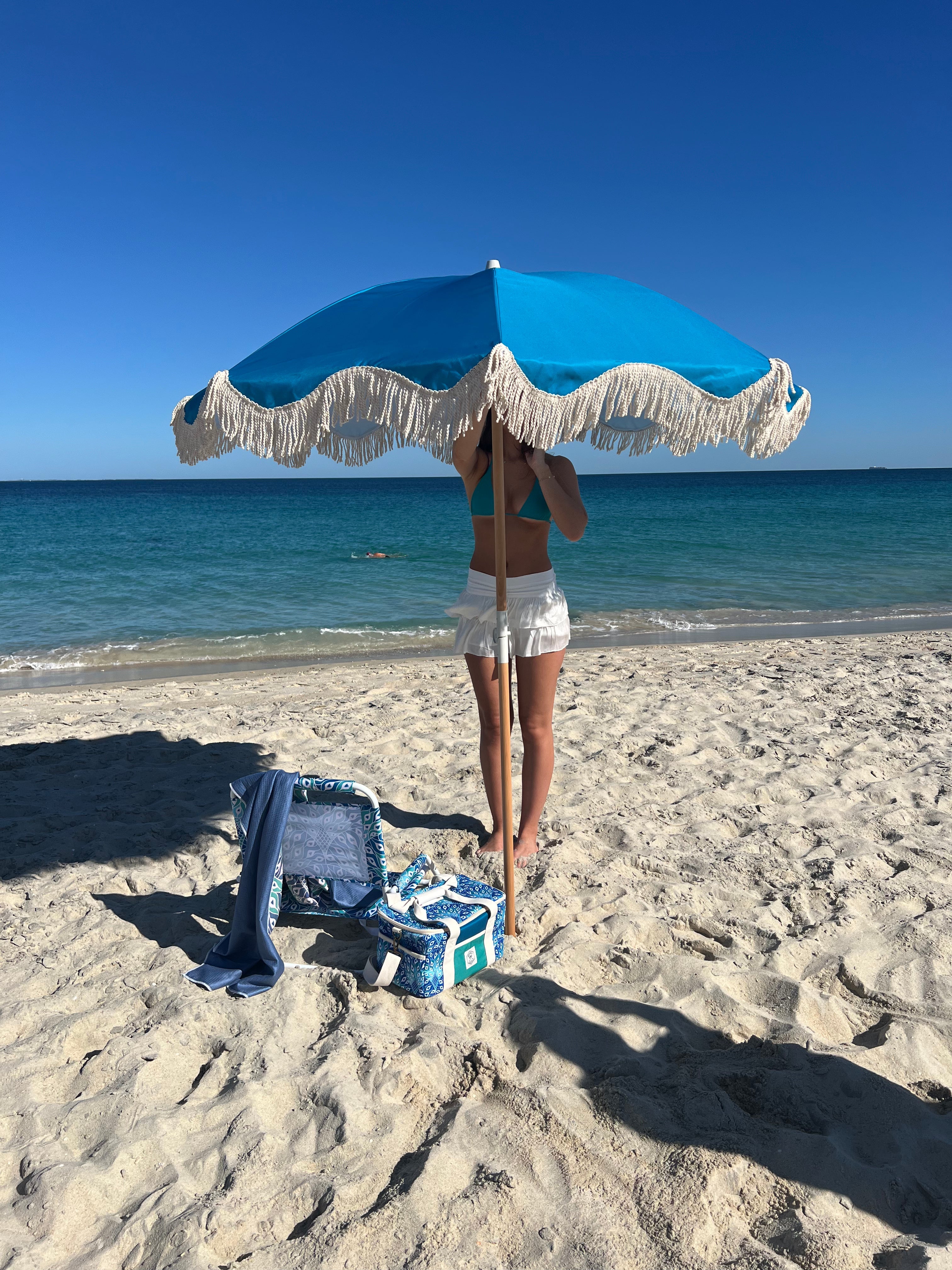 Good Vibes™ 2m Premium 100% Canvas Beach Umbrella, UV50+, Wood Pole, Cotton Tassels, Tilting Mechanism, Sand Screw - Peacock Paradise