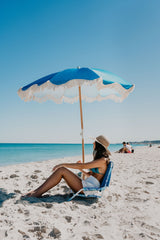 Good Vibes™ 2m Premium 100% Canvas Beach Umbrella, UV50+, Wood Pole, Cotton Tassels, Tilting Mechanism, Sand Screw - Peacock Paradise