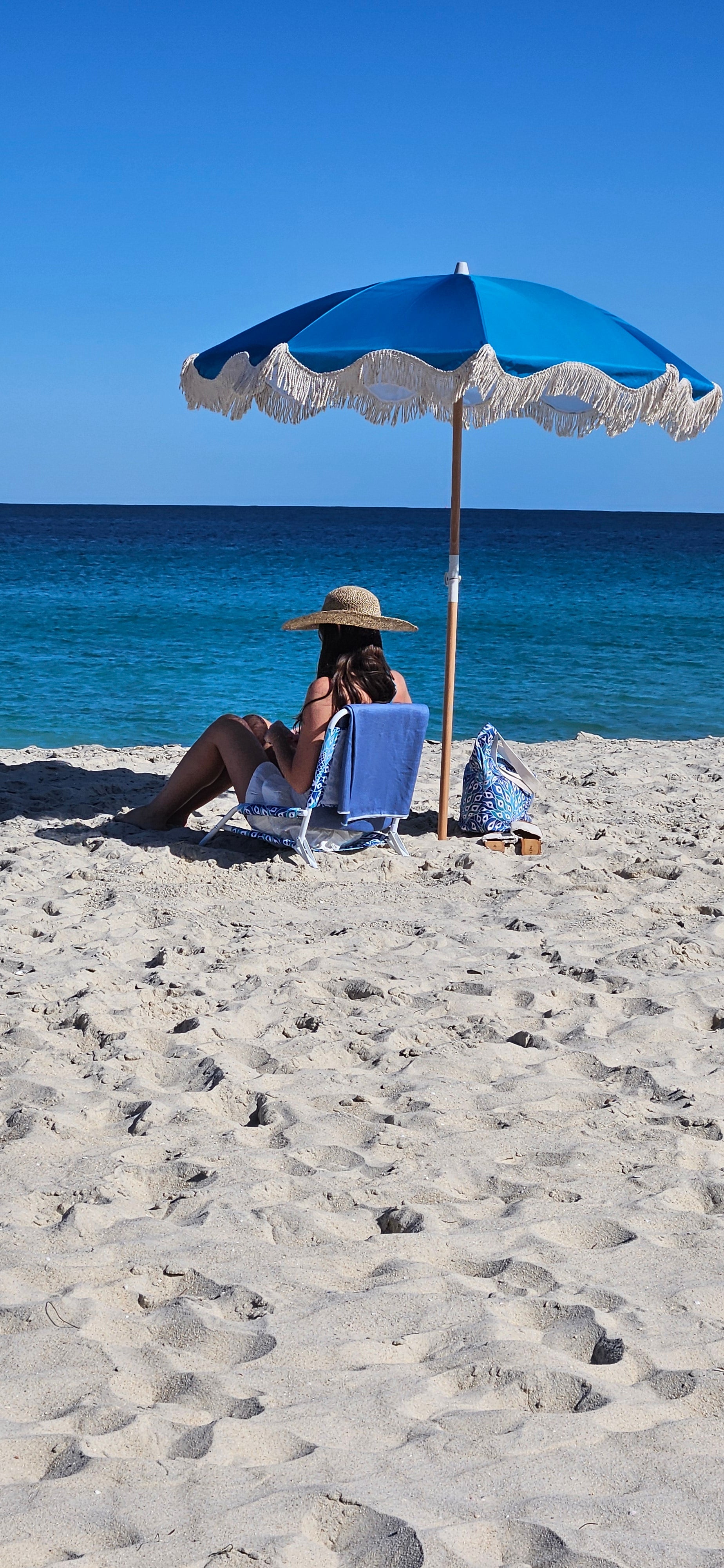 Good Vibes™ 2m Premium 100% Canvas Beach Umbrella, UV50+, Wood Pole, Cotton Tassels, Tilting Mechanism, Sand Screw - Peacock Paradise