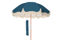 Good Vibes™ 2m Premium 100% Canvas Beach Umbrella, UV50+, Wood Pole, Cotton Tassels, Tilting Mechanism, Sand Screw - Peacock Paradise