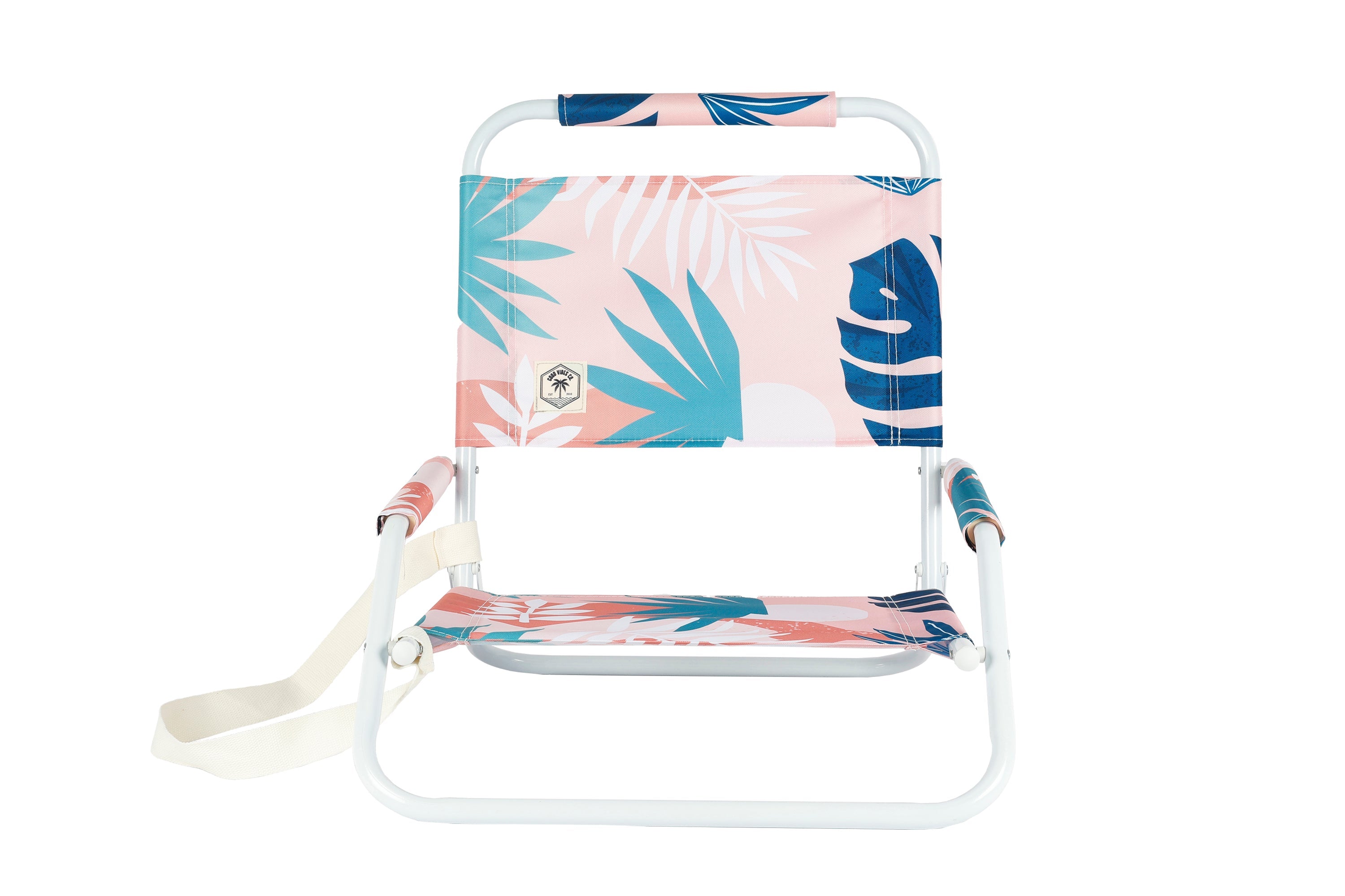 Good Vibes™ Foldable Beach Chair with Carry Strap, Lightweight & Portable, High Back, Powder Coated Frame - Blush Palm