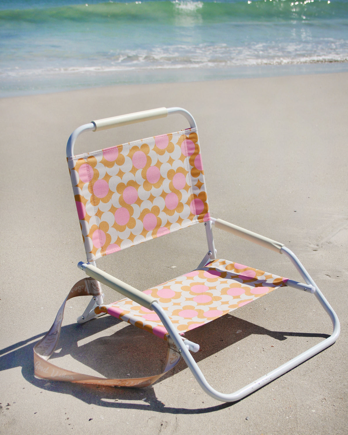 Good Vibes™ Foldable Beach Chair with Carry Strap, Lightweight & Portable, High Back, Powder Coated Frame - Retro Dot