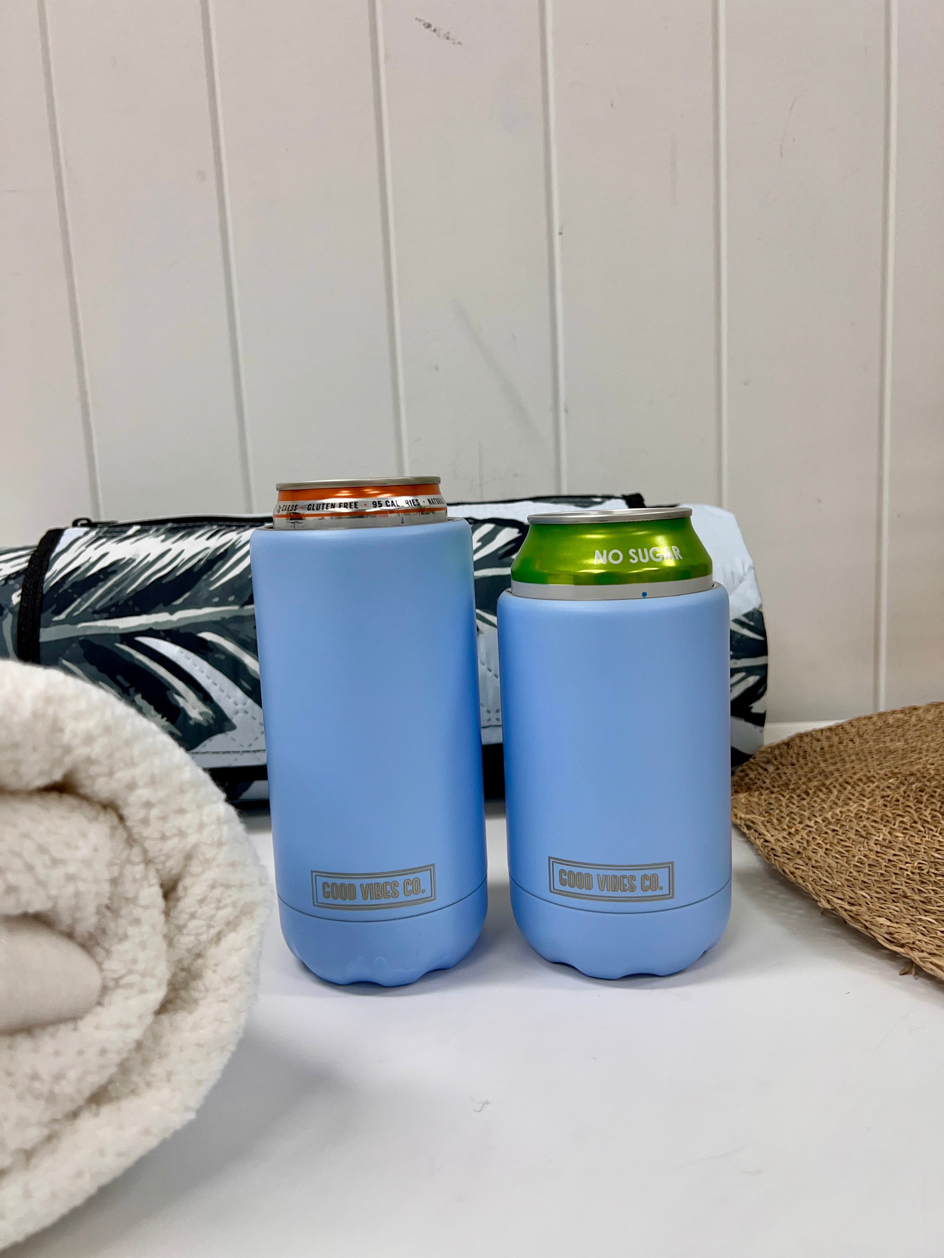 Good Vibes™ Insulated Double Wall Stainless Steel Skinny Bottle & Can Cooler - Bay Blue