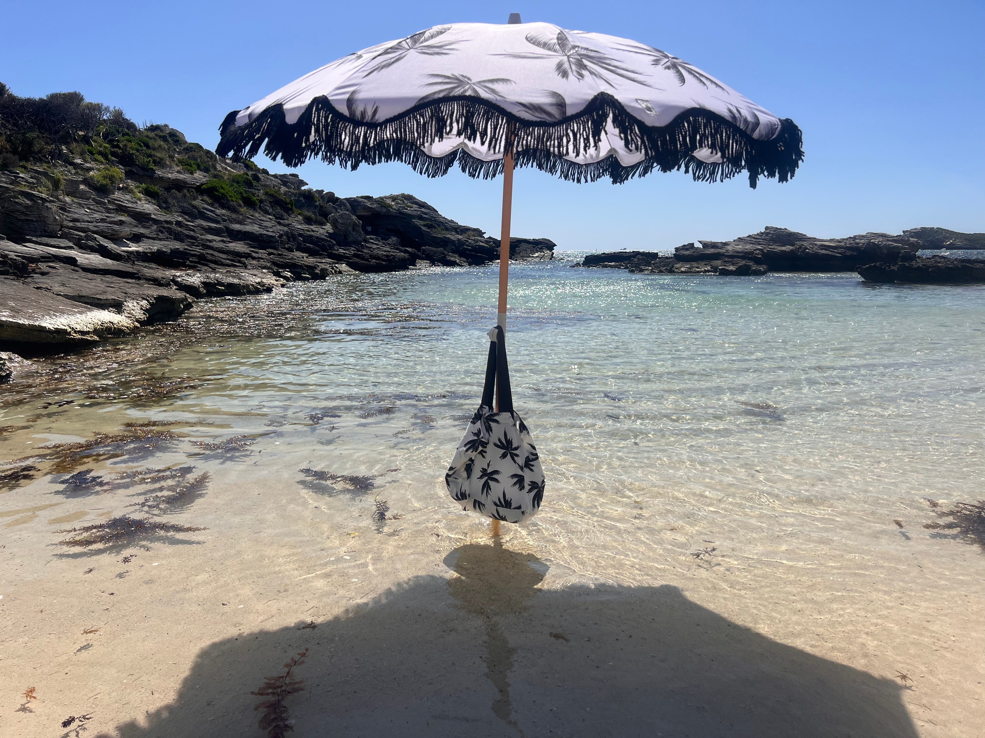 Good Vibes™ 2m Premium 100% Canvas Beach Umbrella, UV50+, Wood Pole, Cotton Tassels, Tilting Mechanism, Sand Screw - Havana