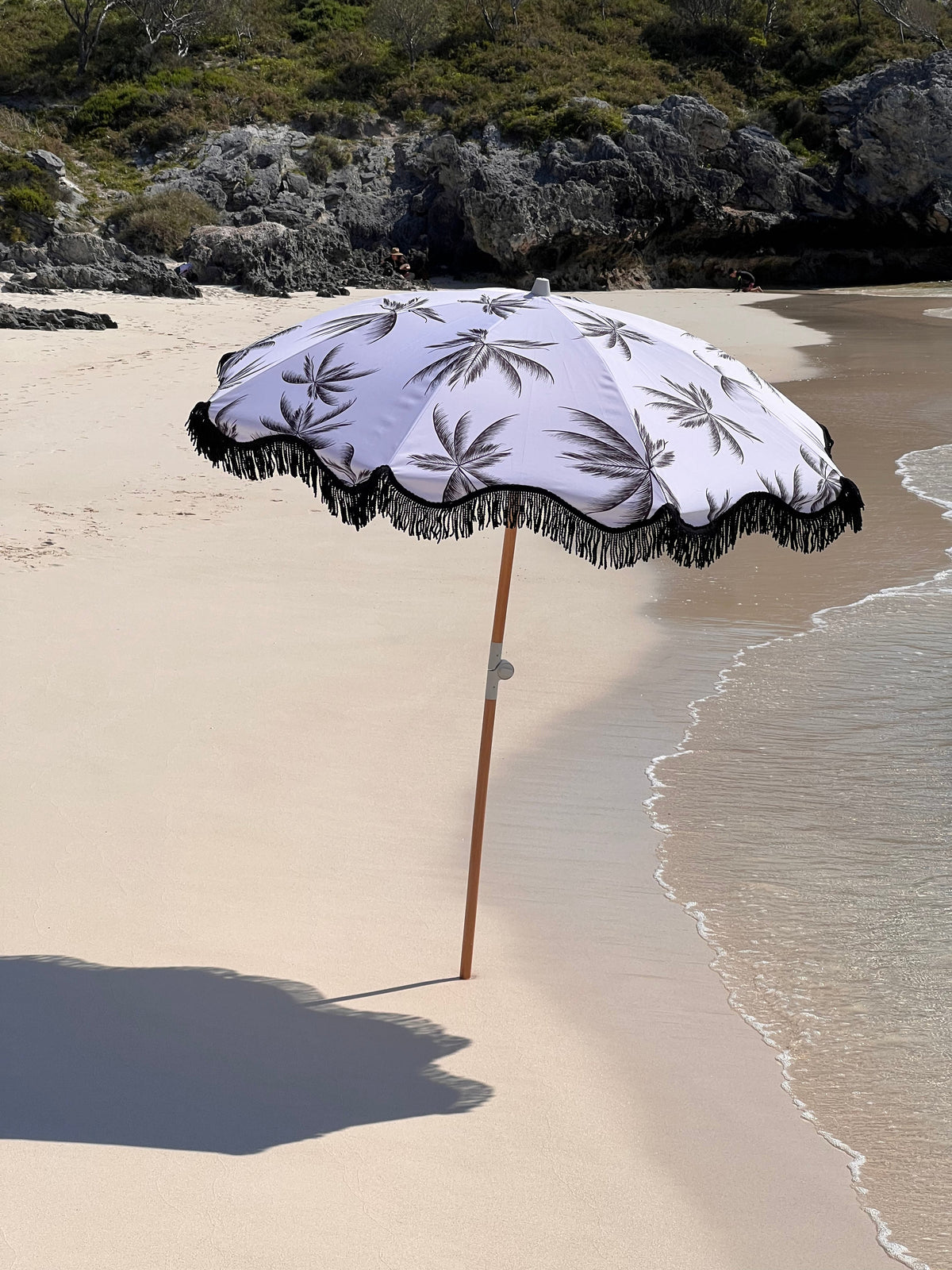 Good Vibes™ 2m Premium 100% Canvas Beach Umbrella, UV50+, Wood Pole, Cotton Tassels, Tilting Mechanism, Sand Screw - Havana