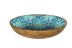 Good Vibes™ Mango Wood and Enamel Salad Bowl 31cm - Peacock Paradise