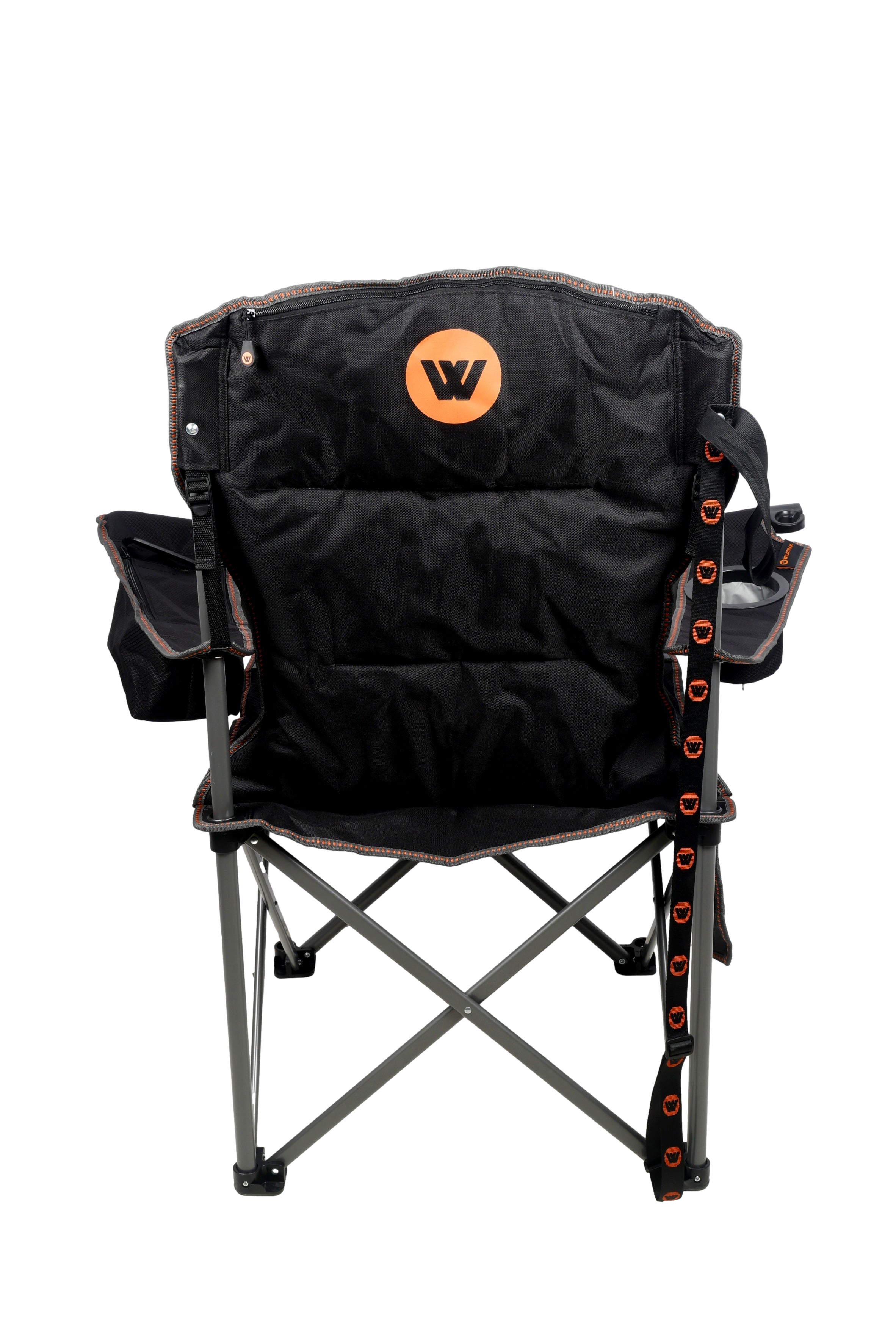 Wildtrak™ DELUXE Yardie Foldable Arm Chair with Shoulder Strap, Built-in Cooler Storage, Drink Holder, Wine Glass Holder, Bottle Opener, Adjustable Arm Straps, Large Mesh Storage Pocket, Head Rest Bag Storage, Rated 250kg, Storage Bag with Shoulder Strap