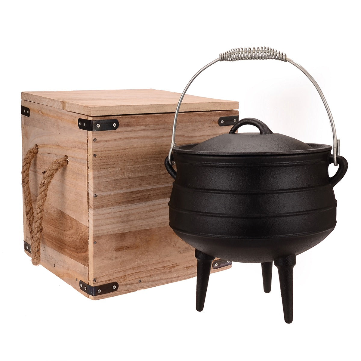 Wildtrak™ Pre-Seasoned 8Litre Cast Iron Potjie Pot with 3Feet, Spiral Bail Handle with Wooden Box with Handles